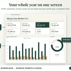 Annual dashboard with income, expenses, net profit, money owed, profit goal ring and category charts