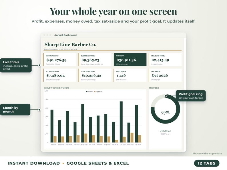 Annual dashboard with income, expenses, net profit, money owed, profit goal ring and category charts