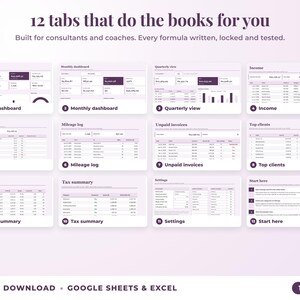 All 12 tabs of the bookkeeping spreadsheet: dashboards, income, expenses, mileage, unpaid invoices, top clients, tax summary
