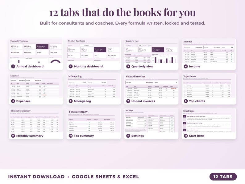 All 12 tabs of the bookkeeping spreadsheet: dashboards, income, expenses, mileage, unpaid invoices, top clients, tax summary