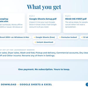 What is included: 12-tab Excel workbook, Google Sheets setup guide and read-me-first guide