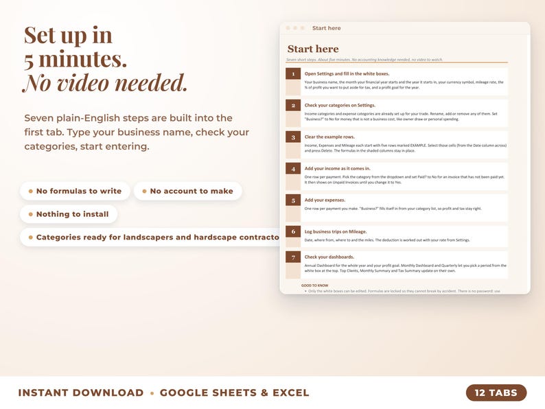 Start here tab with seven setup steps, no video needed