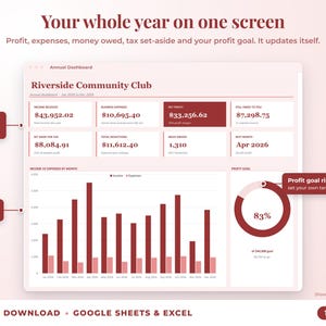 Annual dashboard with income, expenses, net profit, money owed, profit goal ring and category charts