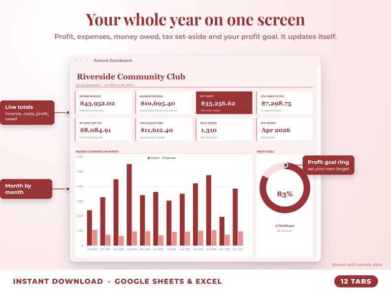 Annual dashboard with income, expenses, net profit, money owed, profit goal ring and category charts