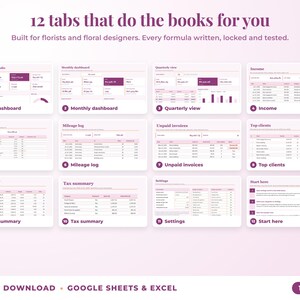 All 12 tabs of the bookkeeping spreadsheet: dashboards, income, expenses, mileage, unpaid invoices, top clients, tax summary