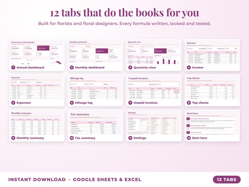 All 12 tabs of the bookkeeping spreadsheet: dashboards, income, expenses, mileage, unpaid invoices, top clients, tax summary