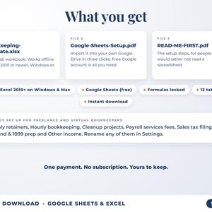 What is included: 12-tab Excel workbook, Google Sheets setup guide and read-me-first guide