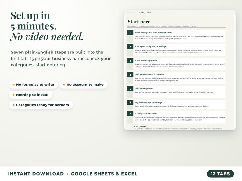 Start here tab with seven setup steps, no video needed