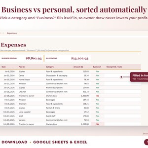 Expenses sheet where business or personal is filled in automatically from the category