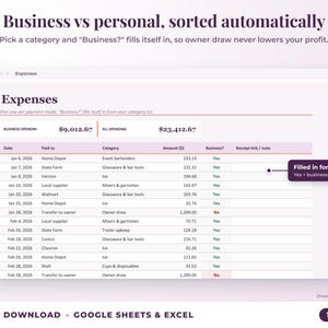 Expenses sheet where business or personal is filled in automatically from the category
