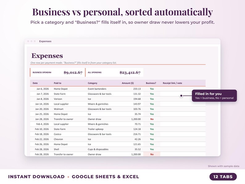 Expenses sheet where business or personal is filled in automatically from the category