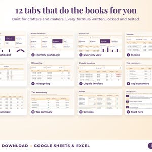 All 12 tabs of the bookkeeping spreadsheet: dashboards, income, expenses, mileage, unpaid invoices, top clients, tax summary