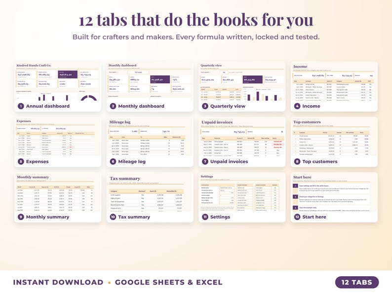 All 12 tabs of the bookkeeping spreadsheet: dashboards, income, expenses, mileage, unpaid invoices, top clients, tax summary