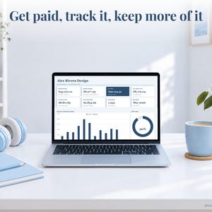 Freelancer bookkeeping spreadsheet annual dashboard open on a laptop on a desk