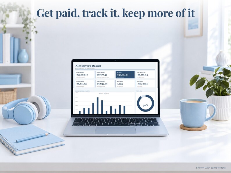 Freelancer bookkeeping spreadsheet annual dashboard open on a laptop on a desk