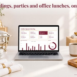 Catering bookkeeping spreadsheet annual dashboard open on a laptop on a desk