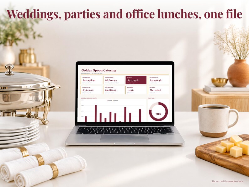 Catering bookkeeping spreadsheet annual dashboard open on a laptop on a desk