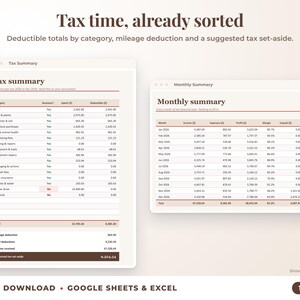Tax summary with deductible totals, mileage deduction and suggested tax set-aside, plus monthly summary