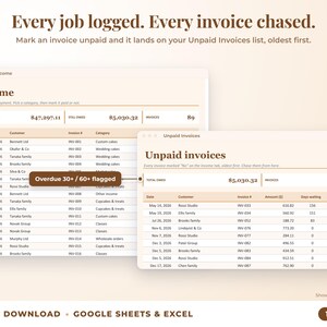 Income sheet and unpaid invoices list with overdue flags