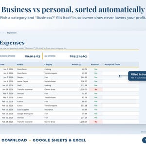 Expenses sheet where business or personal is filled in automatically from the category