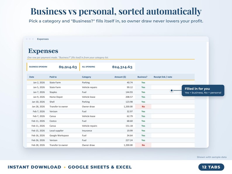 Expenses sheet where business or personal is filled in automatically from the category