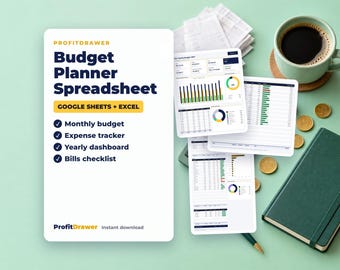 Könnte beinhalten: Eine weiße digitale Produktkarte für die ProfitDrawer Budgetplaner-Tabelle für Google Sheets und Excel, mit einer Liste von Funktionen wie Monatsbudget, Ausgabenverfolgung, Jahresübersicht und Checkliste für Rechnungen.