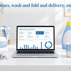 Laundromat bookkeeping spreadsheet annual dashboard open on a laptop on a desk
