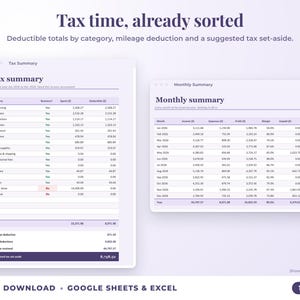 Tax summary with deductible totals, mileage deduction and suggested tax set-aside, plus monthly summary