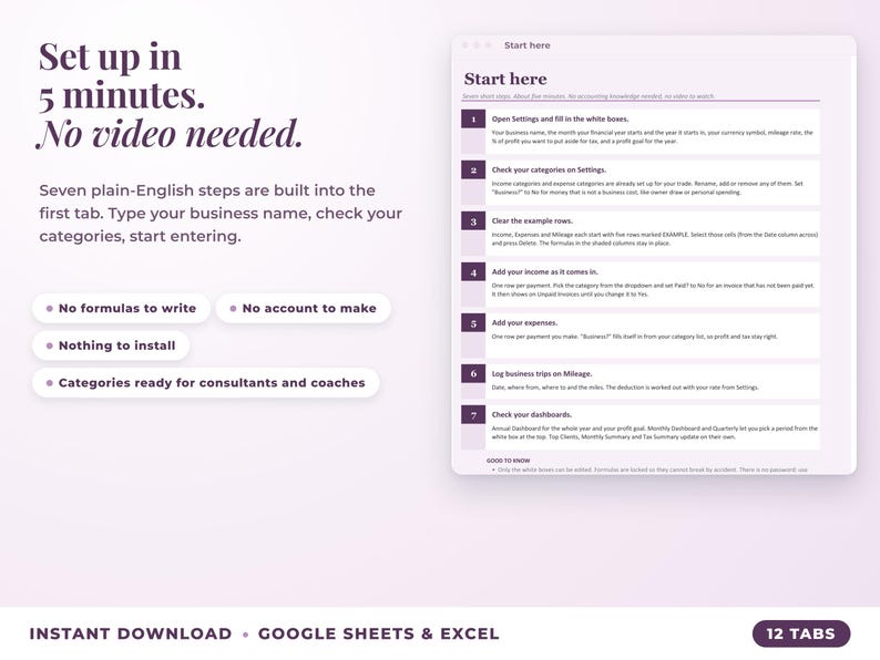 Start here tab with seven setup steps, no video needed
