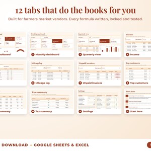 All 12 tabs of the bookkeeping spreadsheet: dashboards, income, expenses, mileage, unpaid invoices, top clients, tax summary