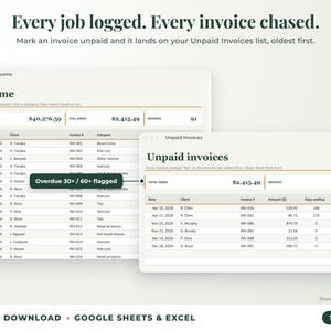 Income sheet and unpaid invoices list with overdue flags