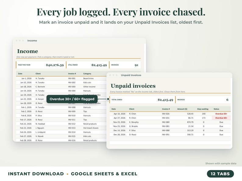 Income sheet and unpaid invoices list with overdue flags