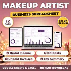 Makeup Artist bookkeeping spreadsheet for Google Sheets and Excel on laptop, tablet and phone