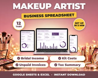 Kalkylblad för makeupartister, inkomst- och utgiftsspårning för MUA, depositioner för bröllop, obetalda fakturor (Google Sheets + Excel)