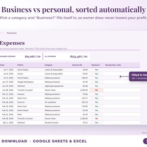Expenses sheet where business or personal is filled in automatically from the category