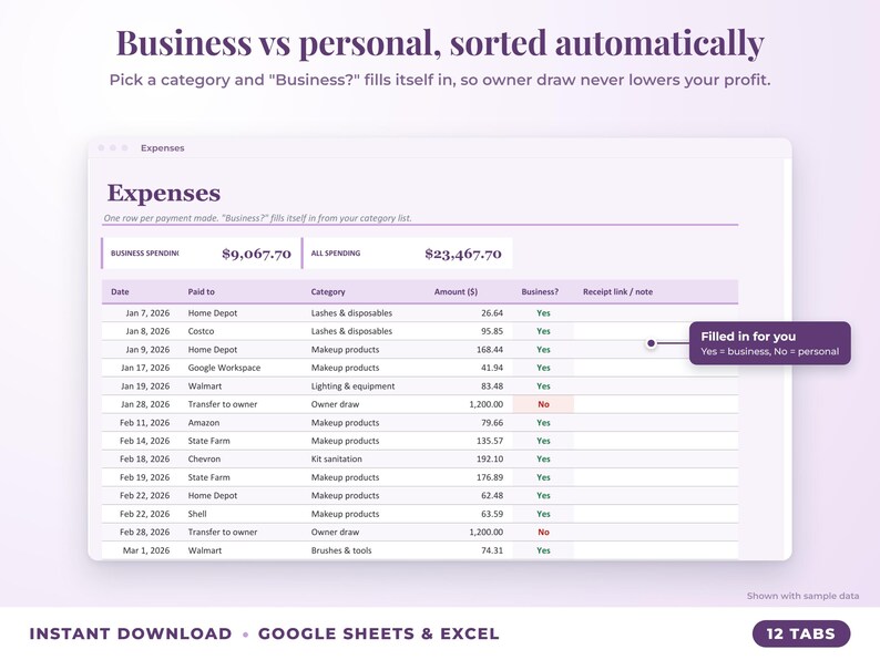 Expenses sheet where business or personal is filled in automatically from the category