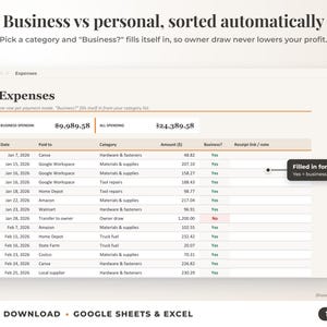 Expenses sheet where business or personal is filled in automatically from the category