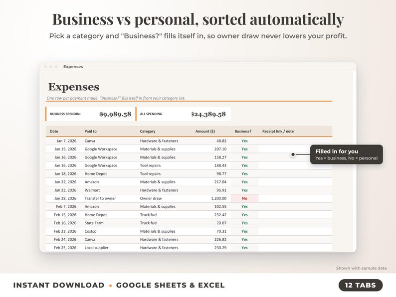 Expenses sheet where business or personal is filled in automatically from the category