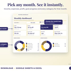 Monthly dashboard with a month dropdown, monthly profit, goal progress and category breakdown