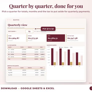 Quarterly view with quarter selector, quarterly totals, chart and tax set-aside