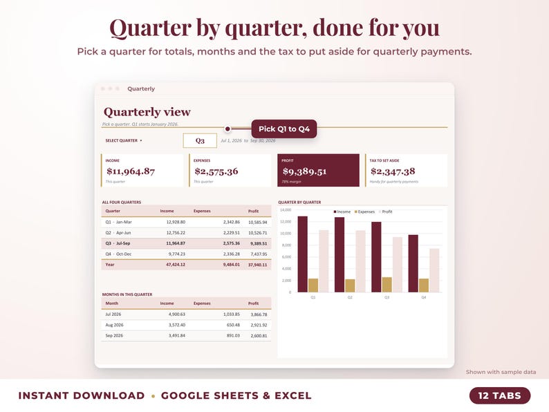 Quarterly view with quarter selector, quarterly totals, chart and tax set-aside