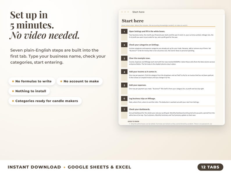Start here tab with seven setup steps, no video needed