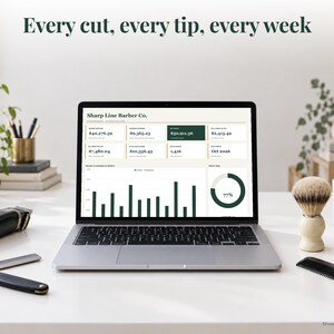 Barber bookkeeping spreadsheet annual dashboard open on a laptop on a desk