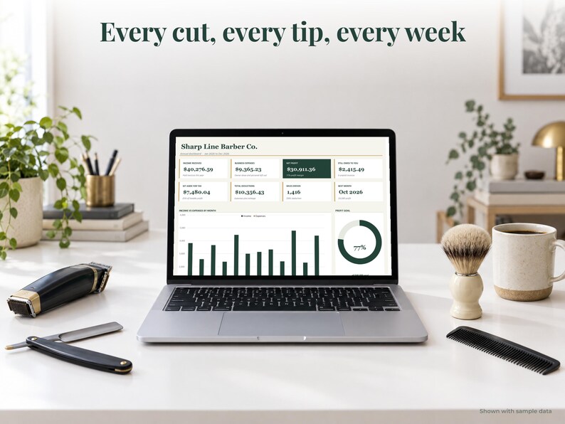Barber bookkeeping spreadsheet annual dashboard open on a laptop on a desk