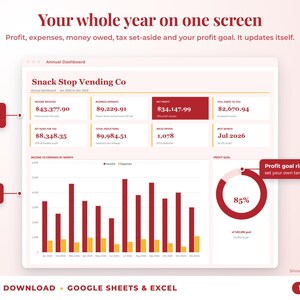 Annual dashboard with income, expenses, net profit, money owed, profit goal ring and category charts