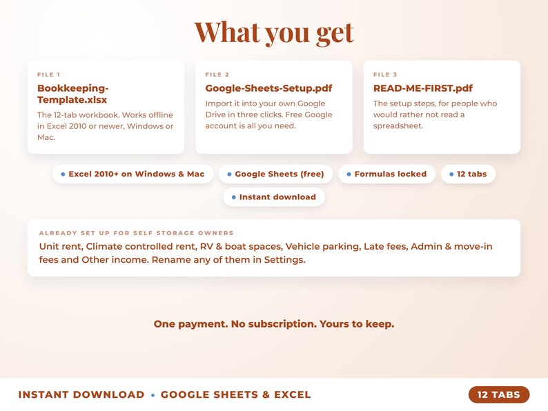 What is included: 12-tab Excel workbook, Google Sheets setup guide and read-me-first guide