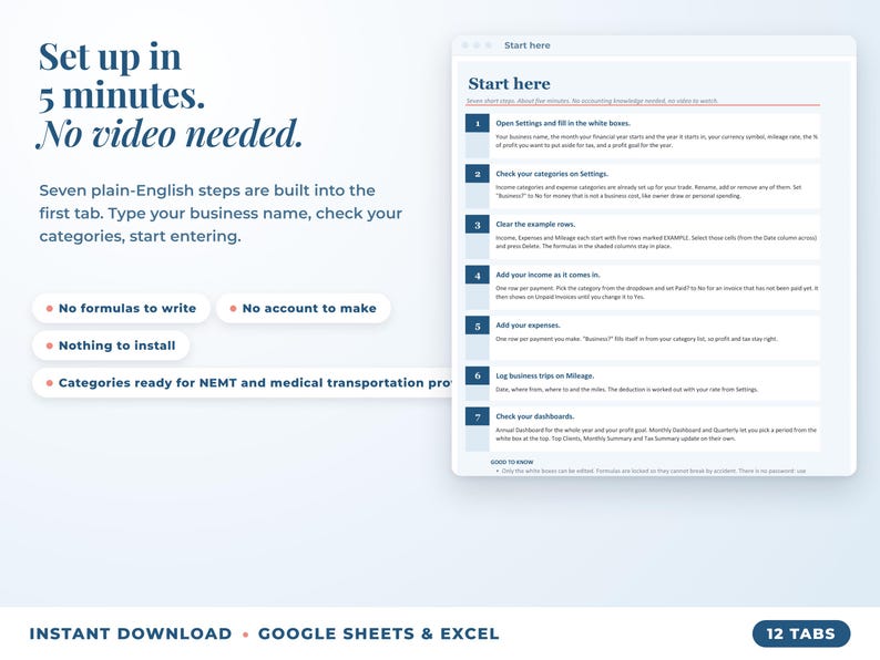 Start here tab with seven setup steps, no video needed