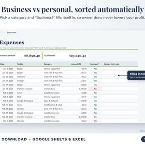 Expenses sheet where business or personal is filled in automatically from the category