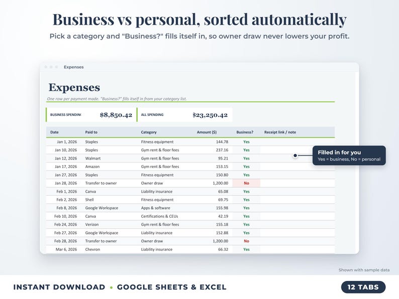 Expenses sheet where business or personal is filled in automatically from the category