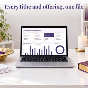 Church Treasurer bookkeeping spreadsheet annual dashboard open on a laptop on a desk